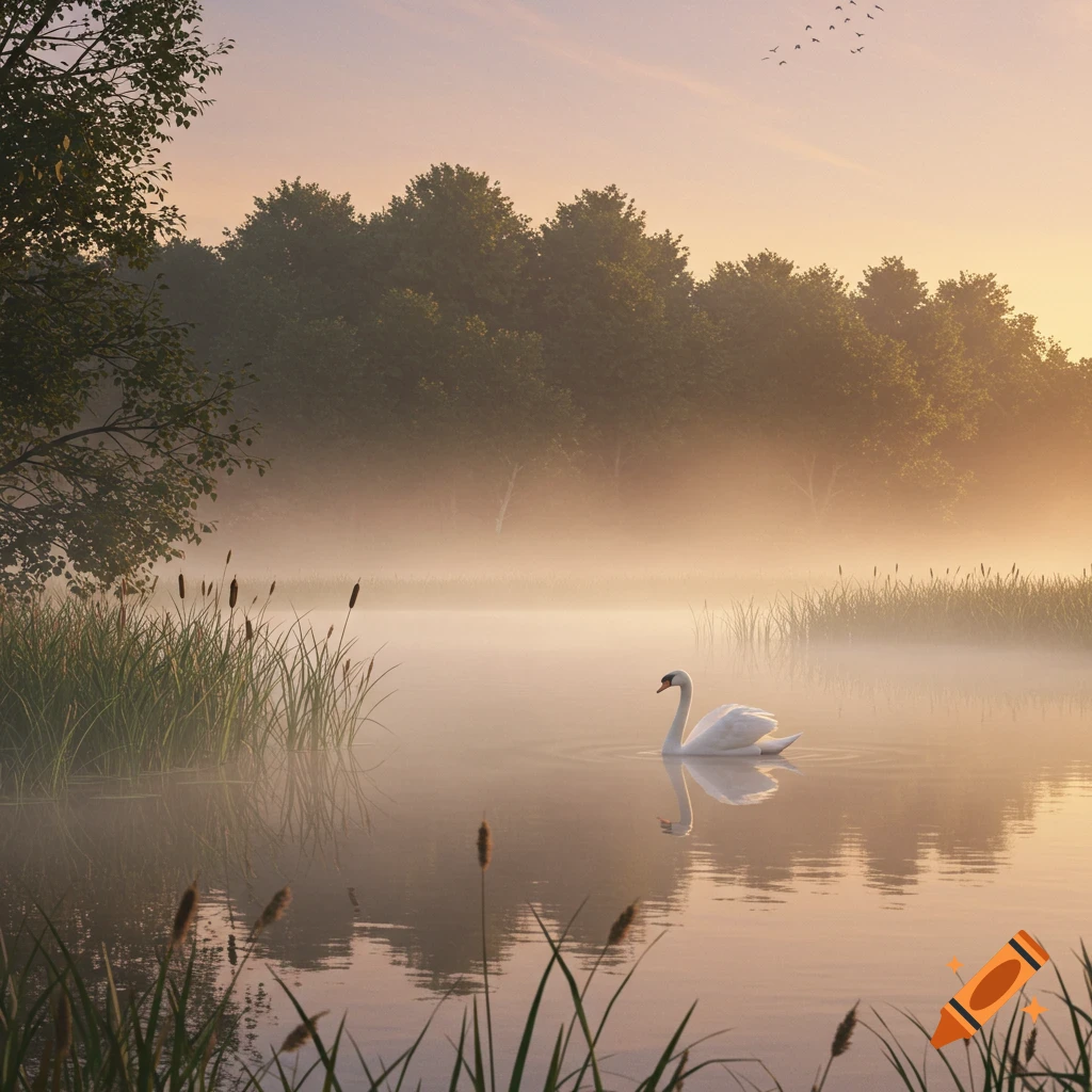A white swan floats on a misty lake at sunrise, surrounded by reeds and a treeline in the background. Photorealistic.