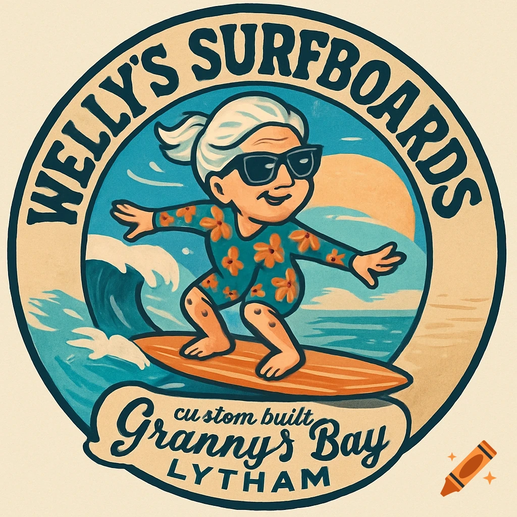 Vintage cartoon circular logo featuring a surfing grandma in sunglasses, with text 'WELLY'S SURFBOARDS LYTHAM' and 'custom built Granny's Bay'.