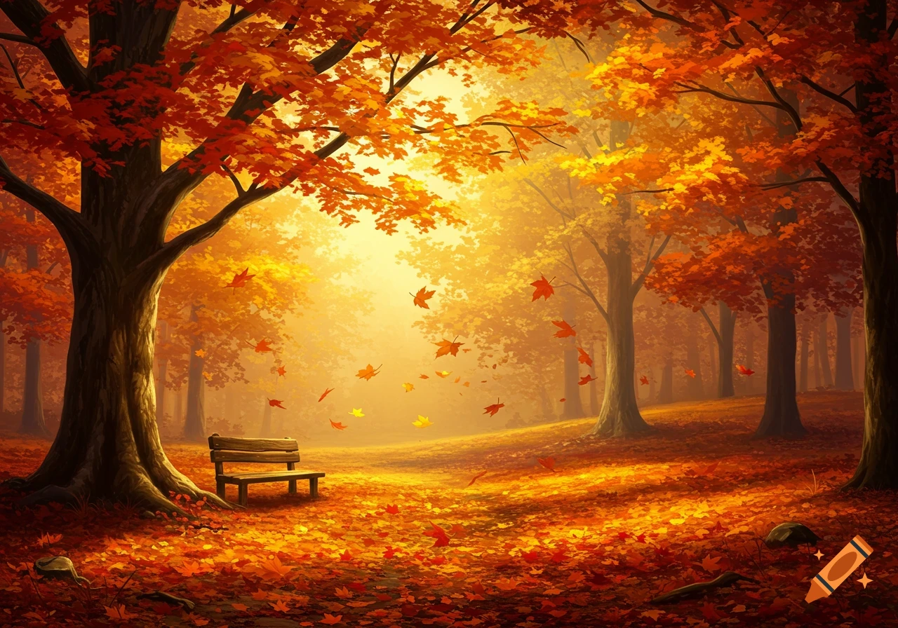 Vibrant autumn forest with golden light, a wooden bench under a large tree, and fallen orange and red leaves covering the ground.