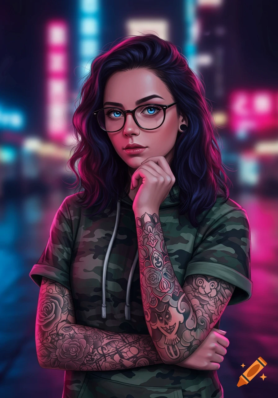 Stylized portrait of a young woman with dark wavy hair, blue eyes, glasses, and tattoos on her arms, wearing a camo hoodie against a neon city background.