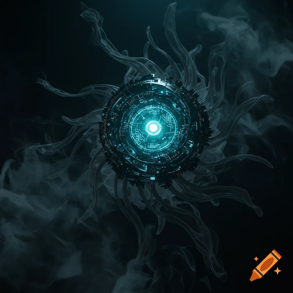 A glowing blue futuristic mechanical orb with intricate circuit patterns and tendril-like structures surrounded by smoke on a dark background.