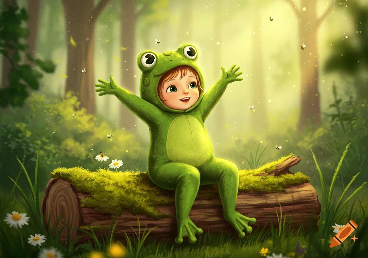 A happy child in a green frog costume sits on a mossy log in a bright, whimsical forest with flowers and fireflies.