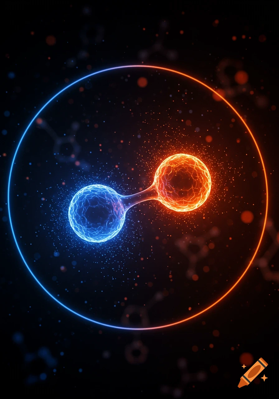 Two glowing spheres, one blue and one orange, connected by a translucent bond, surrounded by particles and a glowing ring.