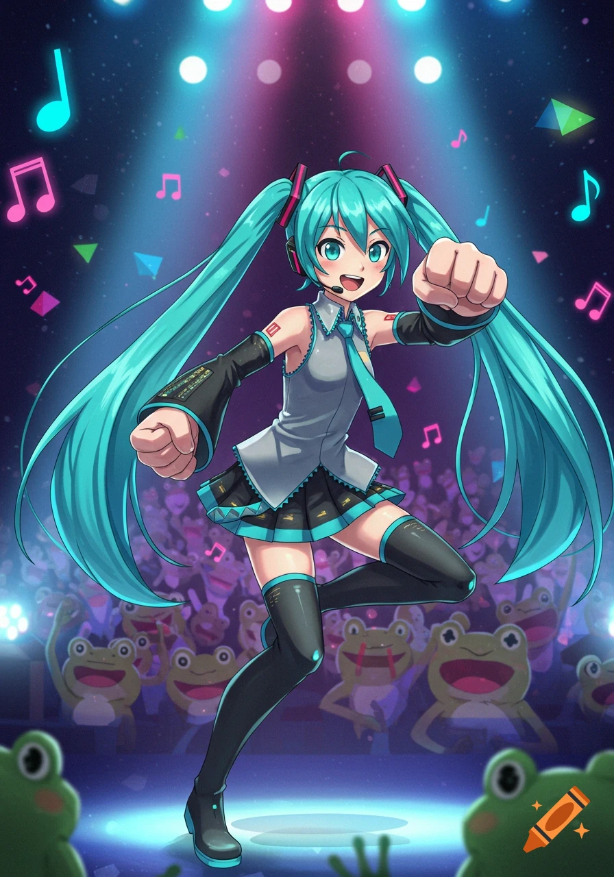Hatsune Miku performs on stage, surrounded by bright lights, floating musical notes, and a lively audience of cartoon frogs.