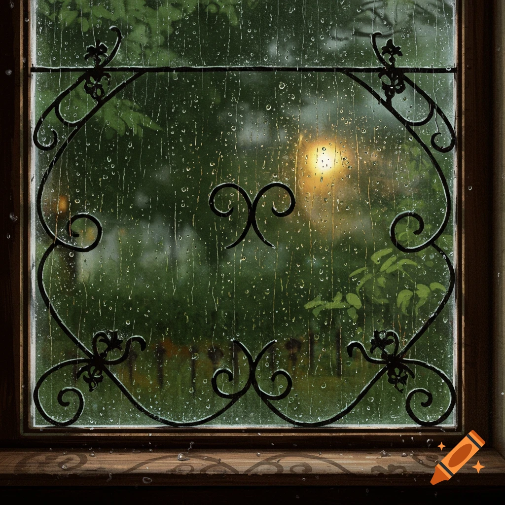 Rain-streaked window with an ornate iron grate, looking out to a blurry green garden with a bright light.