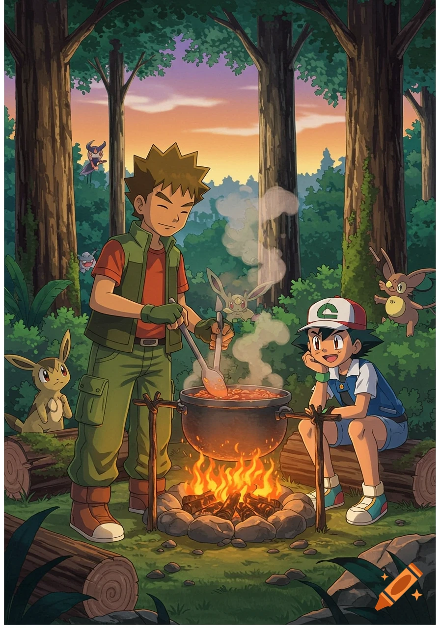 Brock cooks over a campfire for Ash Ketchum in a forest, surrounded by various Pokemon, in a vibrant anime style.