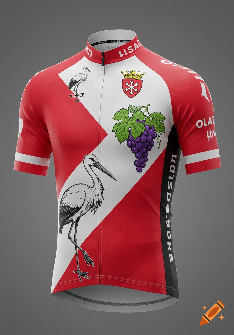 A red, white, and black cycling jersey featuring the word 'ALSACE', a stork, a shield with a crown and asterisk, and a bunch of purple grapes, against a grey background.