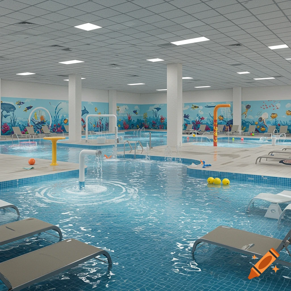 Empty indoor children's swimming pool with blue tiles, water features, lounge chairs, and sea life murals.