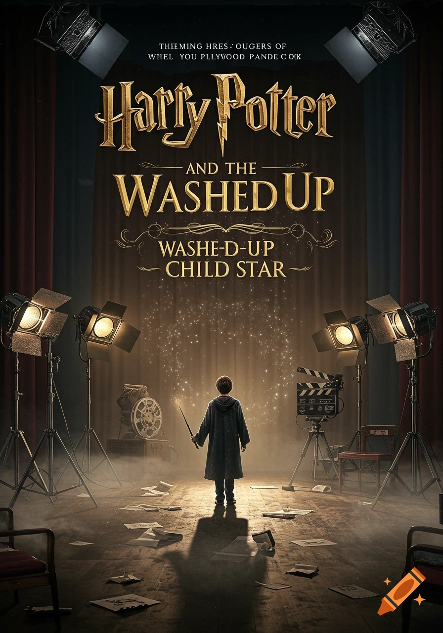 A book cover features a child resembling Harry Potter on a dark stage with film equipment, holding a wand and creating sparks.