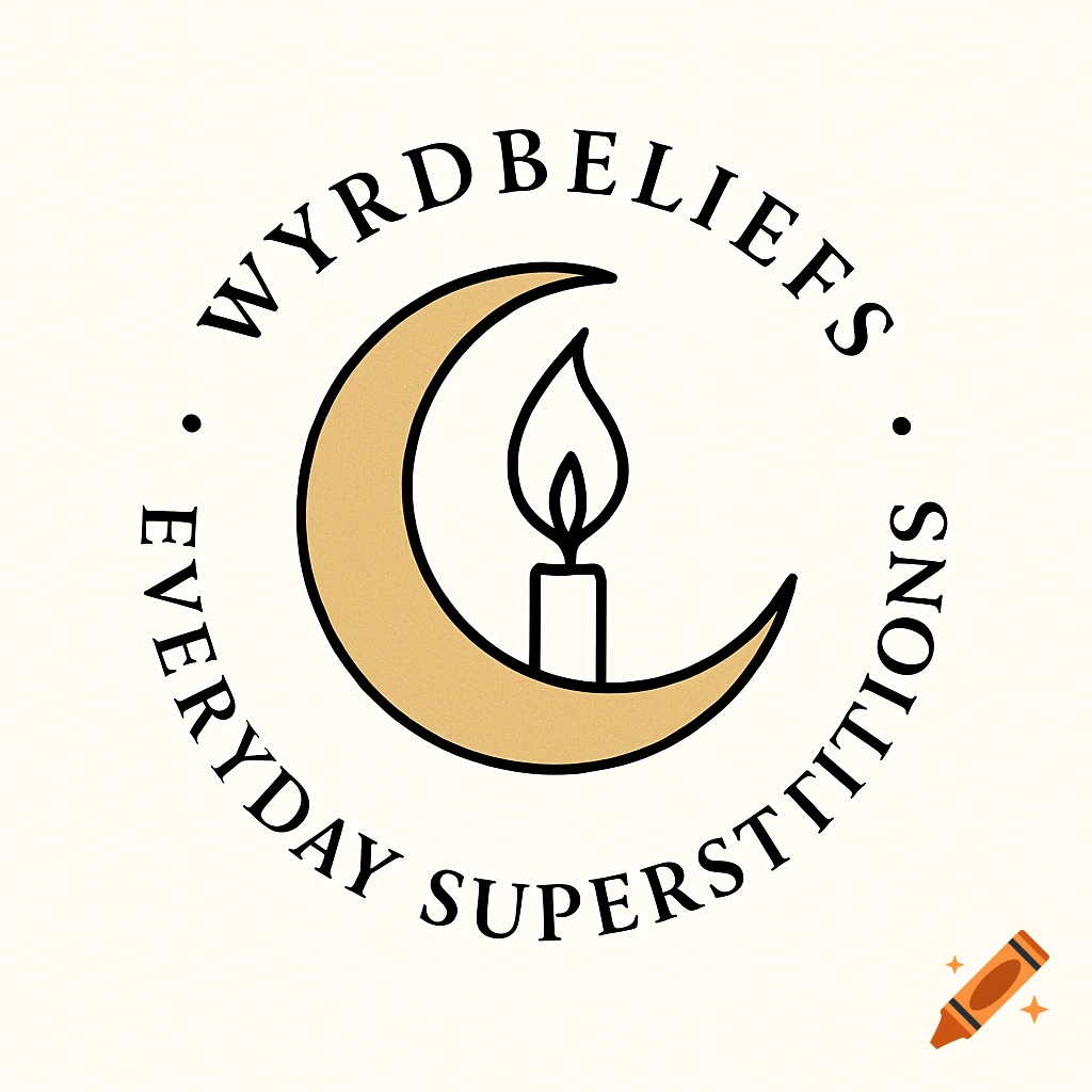 Minimalist logo of a golden crescent moon and a black outline candle flame, encircled by the text 'WYRDBELIEFS' and 'EVERYDAY SUPERSTITIONS' on a cream background.