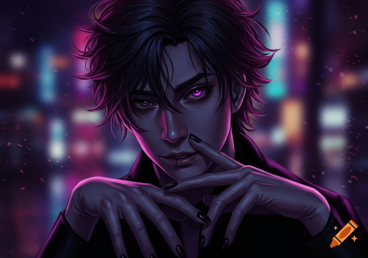 A stylized portrait of a dark-haired man with purple eyes and black fingernails, set against a blurred neon city background.
