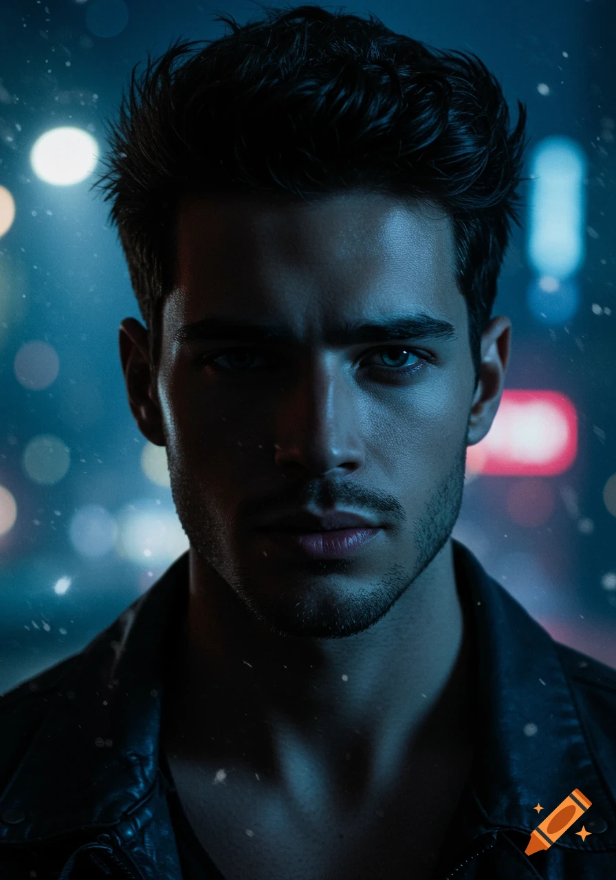 Photorealistic portrait of a handsome man with dark hair, blue eyes, and beard stubble, half face in shadow, in a moody urban night with falling snow.