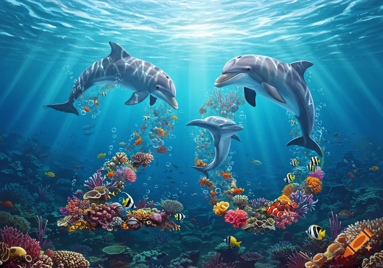 Three dolphins swim in a vibrant coral reef with colorful fish, while coral and bubbles form the number '20' underwater.