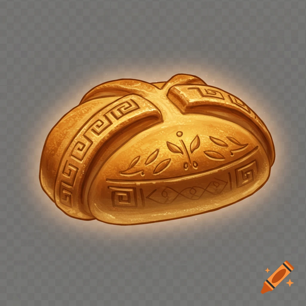 A golden, stylized bun with glowing edges and ancient Greek meander and leaf patterns, on a transparent background.
