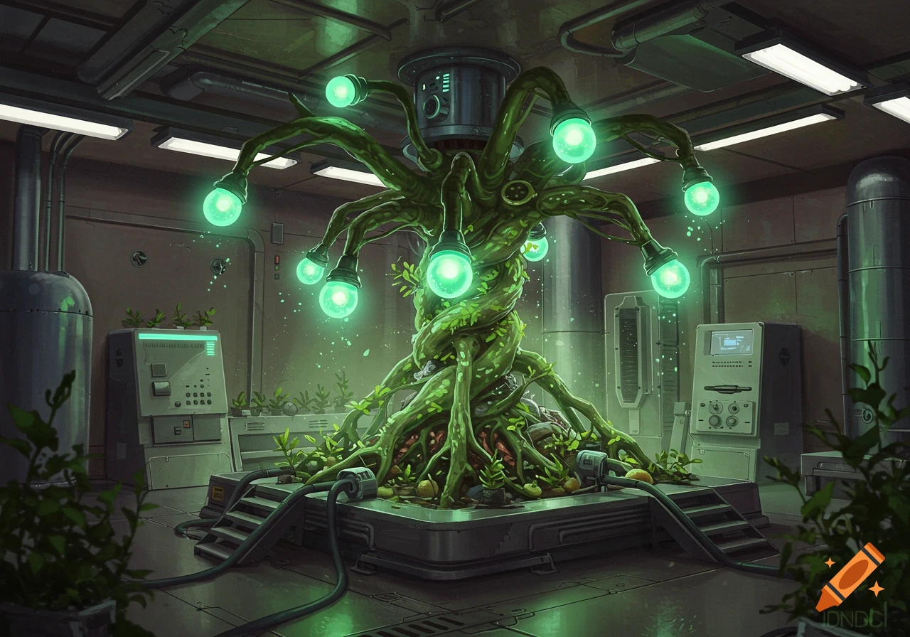 A futuristic lab scene with a large, glowing green plant organism surrounded by scientific equipment.