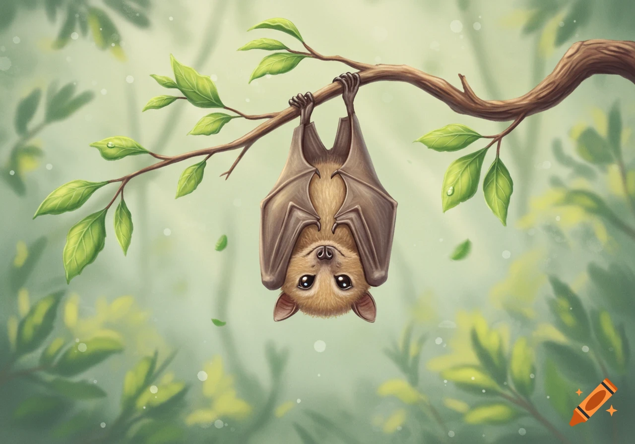 A cute, illustrated bat hangs upside down from a tree branch in a bright green, leafy environment.
