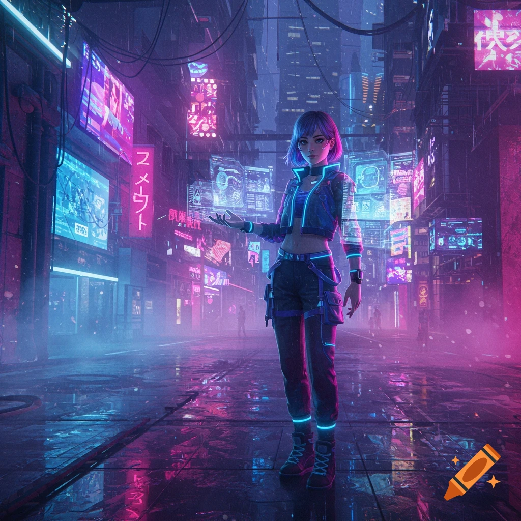 An anime-style girl stands in a rainy, vibrant neon cyberpunk city, surrounded by glowing holographic displays and signs.
