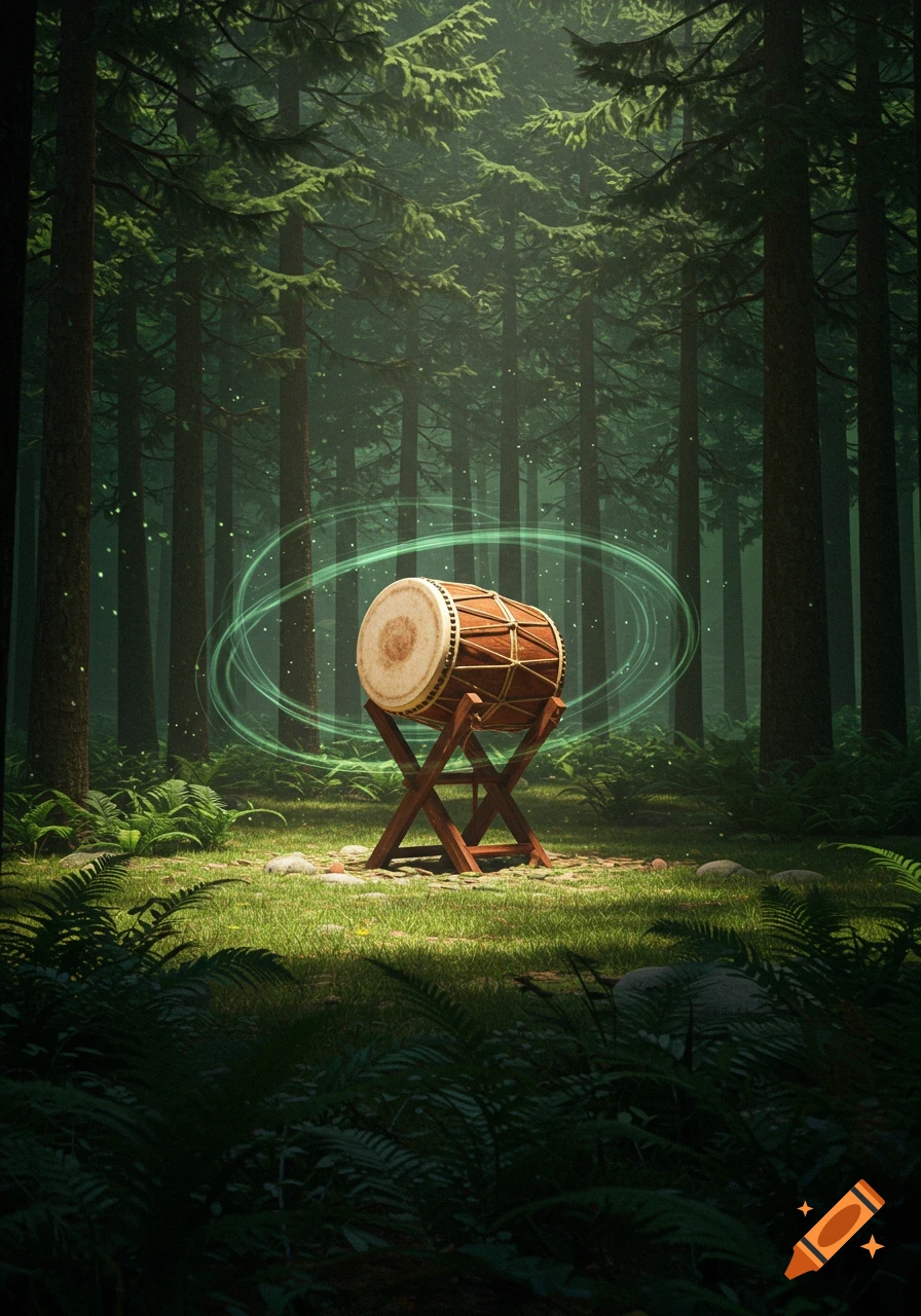 A traditional drum with a green magical aura stands on a wooden tripod in a sun-dappled, fern-covered forest.