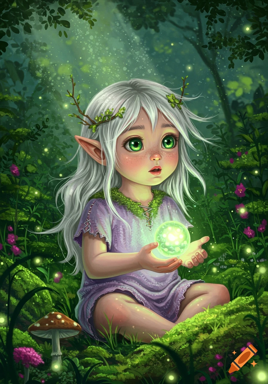 A cute, wide-eyed fantasy elf child with white hair and green eyes sits in a mossy forest, holding a glowing green orb.