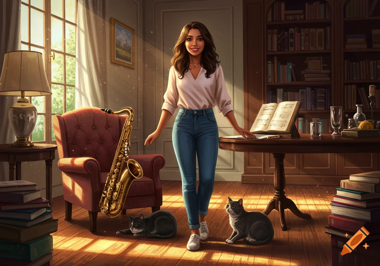 A smiling woman in jeans stands in a sunlit room with two cats, a saxophone, and a music stand. Illustrated style.