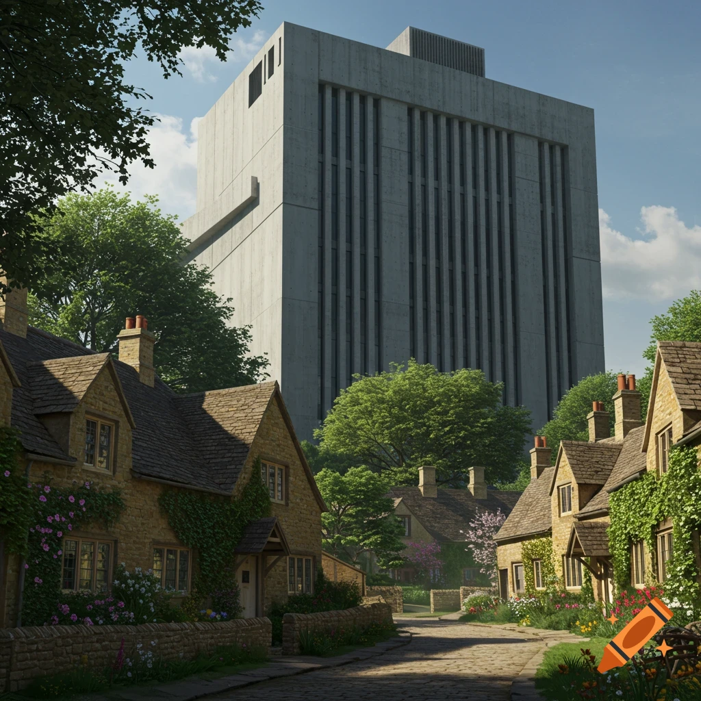 A brutalist concrete building looms over a picturesque English hamlet with stone cottages, green trees, and flowering gardens.
