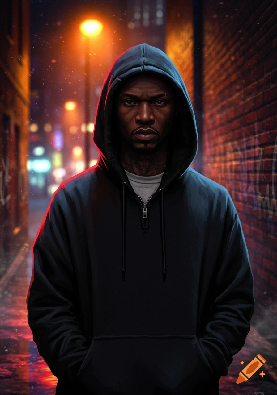 A man in a black hoodie with neck tattoos stands in a dark, rain-streaked alley, illuminated by orange streetlights.