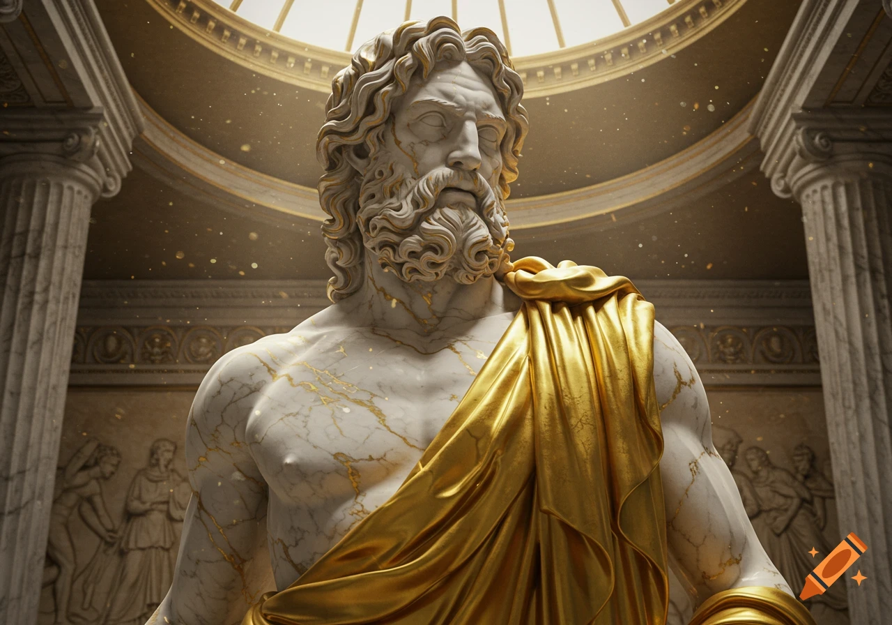 Photorealistic marble statue of Zeus with gold hair and robe in a grand classical hall.
