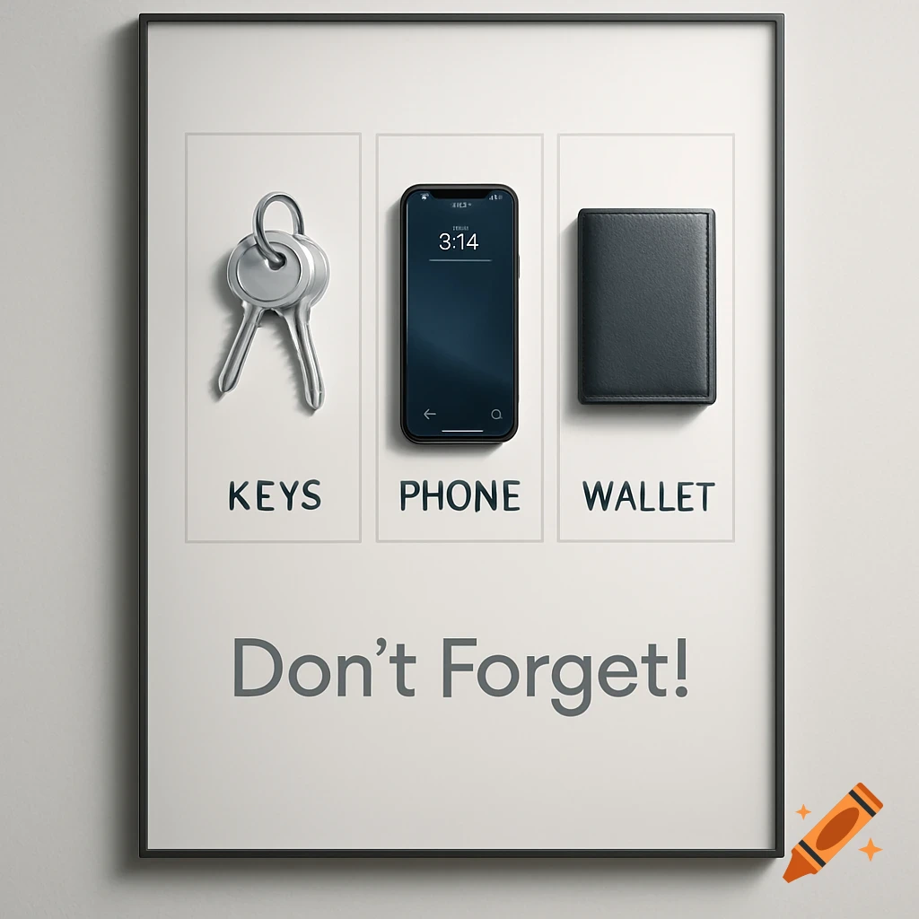 A minimalist poster featuring three sections with keys, a phone displaying 3:14, and a black wallet, with 'Don't Forget!' written below.