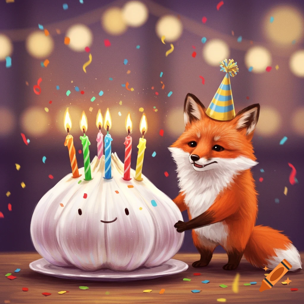 A cute fox in a party hat holding a smiling garlic-shaped birthday cake with lit candles and confetti falling.