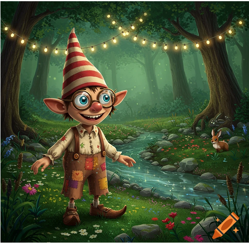 Cheerful cartoon gnome with a striped hat and glasses smiles in a magical forest with string lights, a stream, and a rabbit.