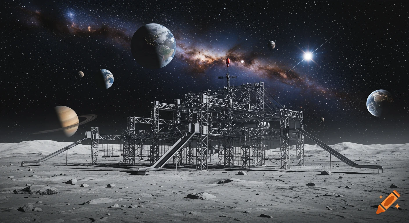 Photorealistic playground structure on the moon's surface, with Earth, Saturn, and other planets in a starlit galaxy.