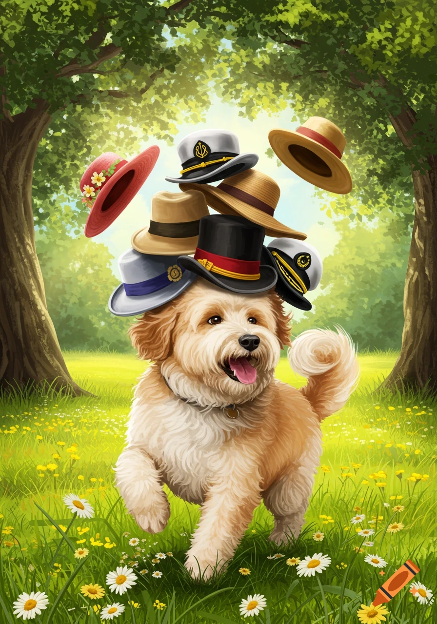 A happy, fluffy golden dog runs through a sunny green field with daisies, wearing a stack of various hats, illustration.