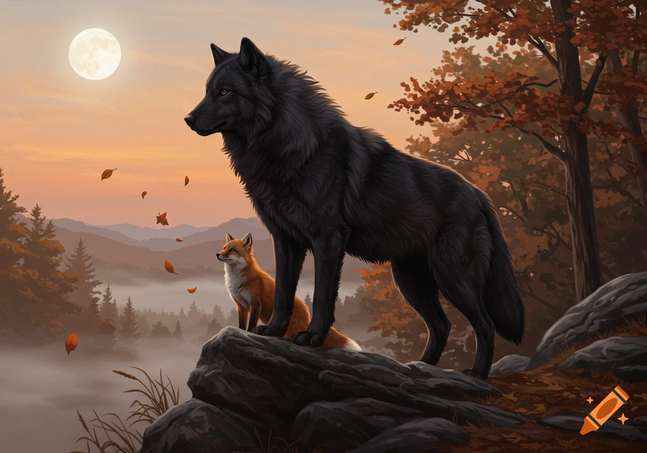 A giant black wolf and a small red fox stand on rocks in an autumn forest under a full moon, with falling leaves.