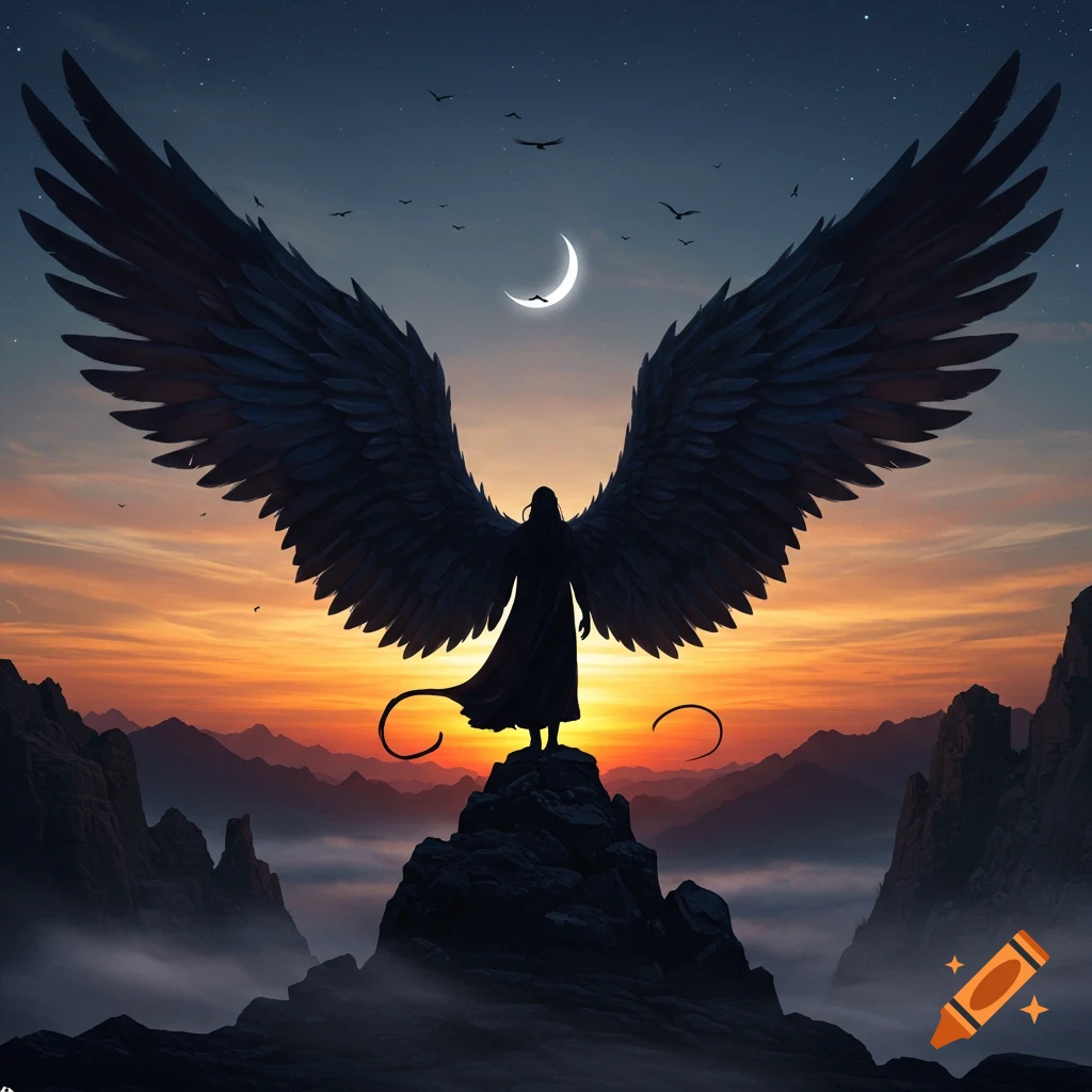 A silhouetted figure with massive dark wings stands on a craggy mountain peak against a dramatic sunset sky with a crescent moon.