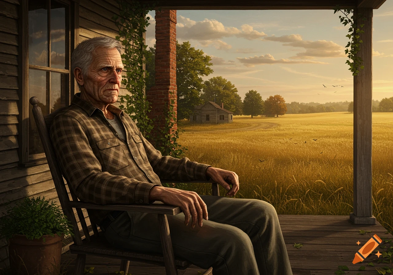 An elderly man sits in a rocking chair on a wooden porch, looking out at a golden field with a distant cabin at sunset.