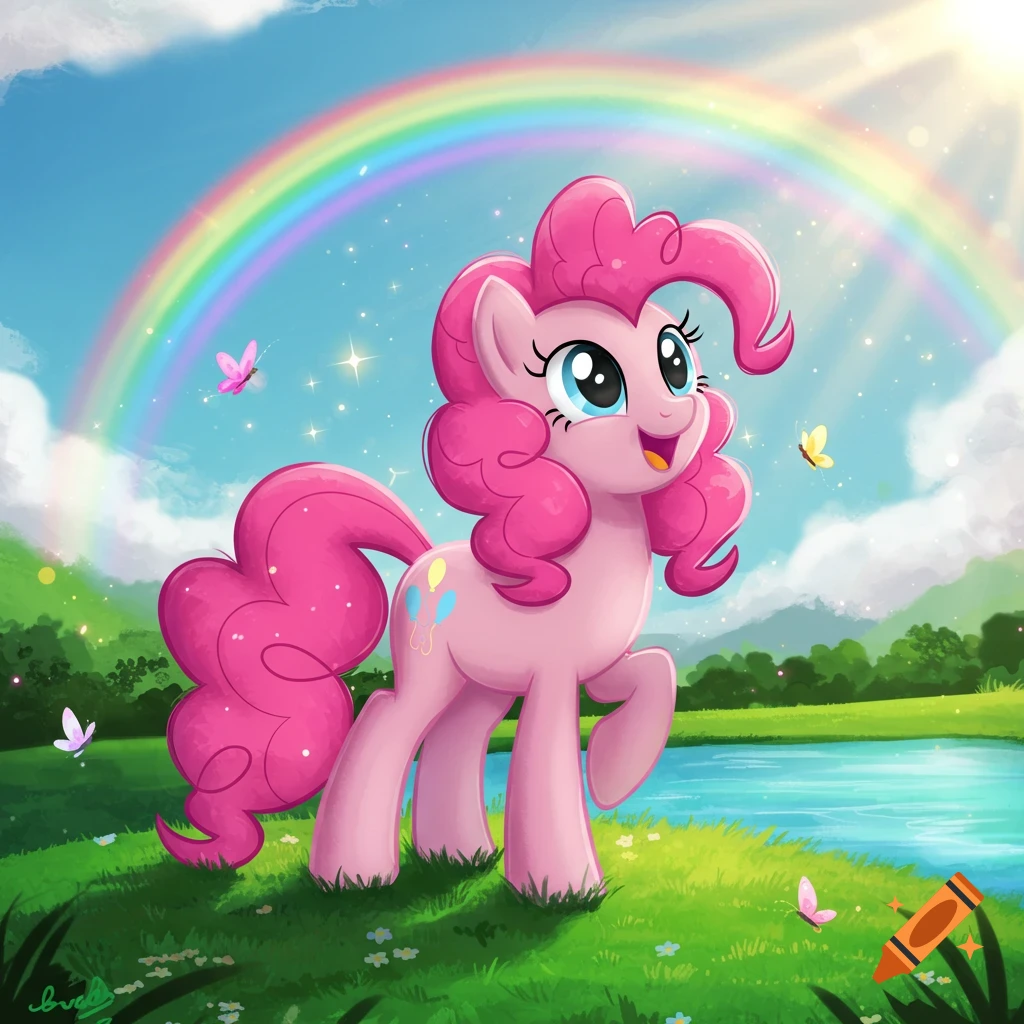 Pinkie Pie, a pink pony, smiles in a vibrant green field with a blue lake, butterflies, and a rainbow under a sunny sky.