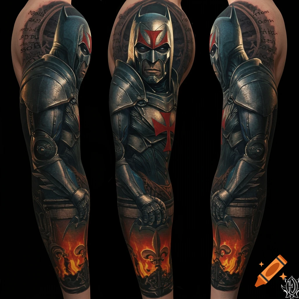 Photorealistic sleeve tattoo of Azrael in knight armor with a red cross, fire and decorative elements, on an arm.