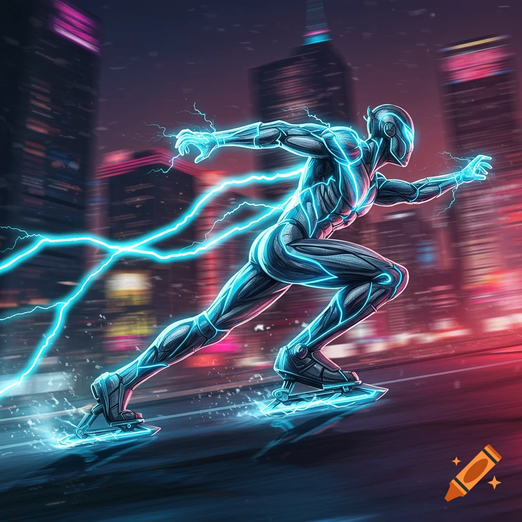Vibrant comic art of a superhero with glowing blue lightning, running on skates through a neon-lit city at night.