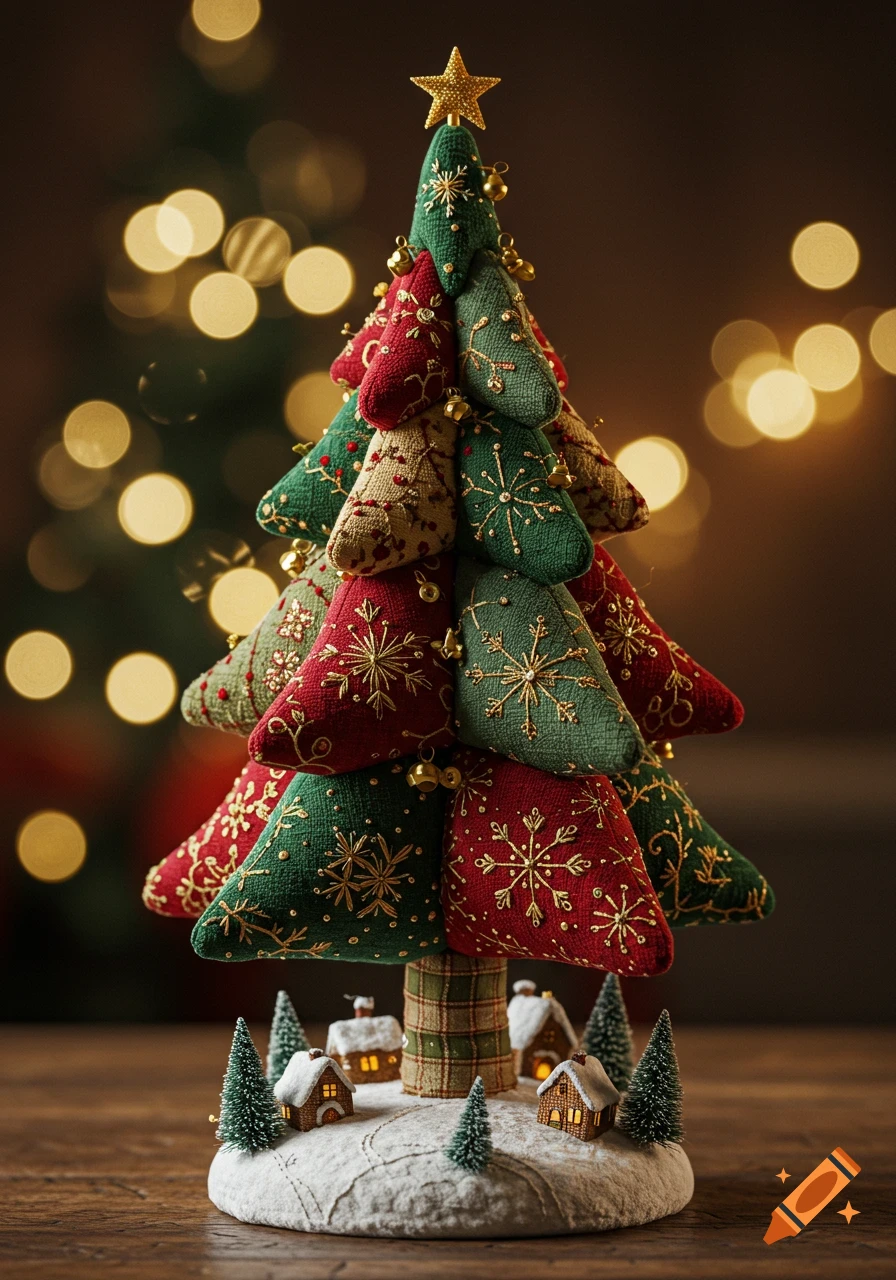 An embroidered fabric Christmas tree with red and green panels, tiny golden bells, a star topper, and a base with miniature snowy houses.