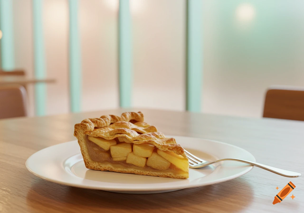 A photorealistic slice of apple pie on a white plate with a fork, on a wooden table in a cafe with a pastel-toned frosted glass background.