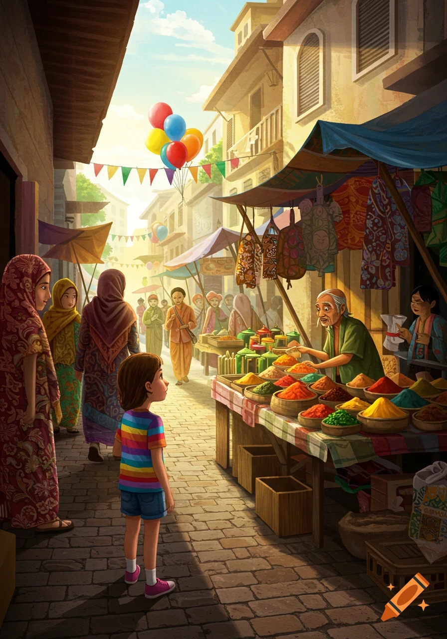 An illustration of a girl looking at a vendor selling colorful spices in a bustling outdoor market alley.