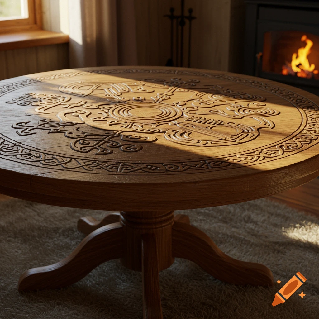 A round wooden table with intricate Nordic carvings, bathed in sunlight from a window, with a fireplace in the background.
