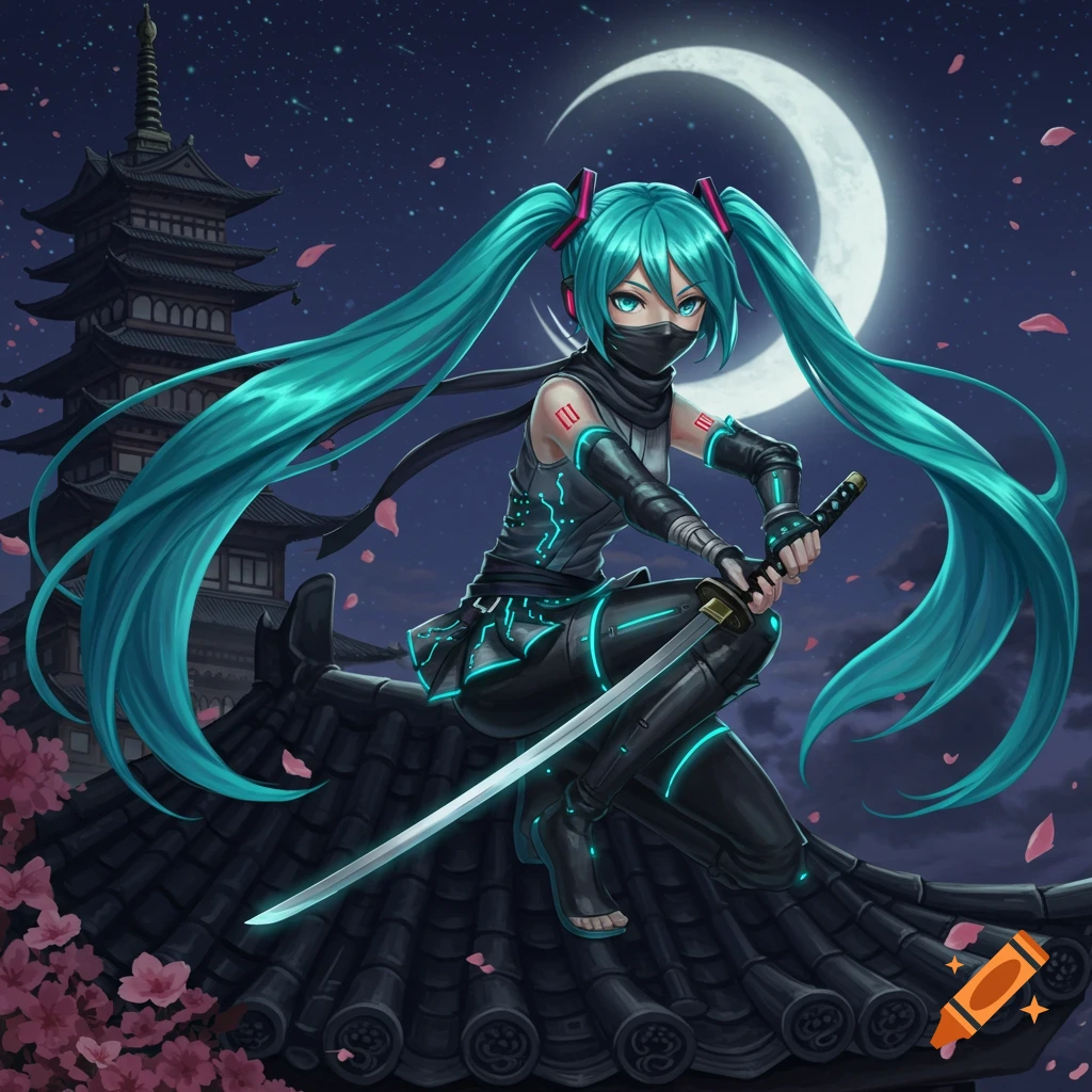 Hatsune Miku, as a futuristic ninja, crouches on a dark tiled roof under a crescent moon. She wears a mask, black and teal glowing armor, and holds a katana. A pagoda and cherry blossoms are in the background.