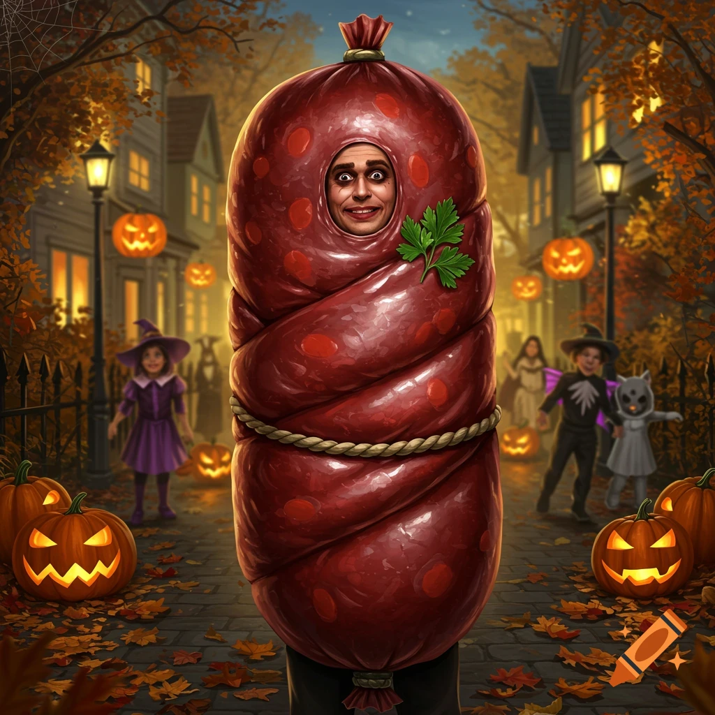 A man in a photorealistic blood sausage costume stands on a Halloween street with children in costumes and jack-o'-lanterns.