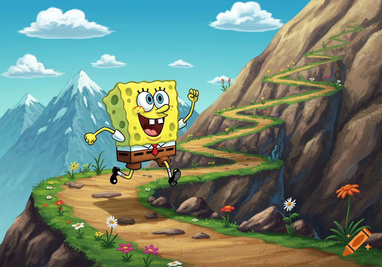 SpongeBob running up a winding brown path on a rocky mountain with snow-capped peaks and a blue sky.