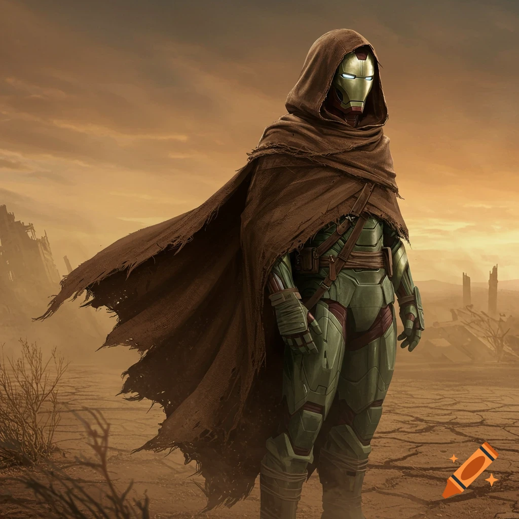 A cloaked Iron Man in a muted green and red suit stands in a desolate, sandy wasteland under an orange sky.