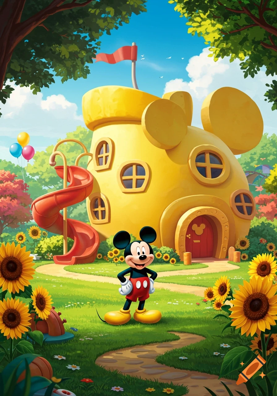 Mickey Mouse stands in a vibrant cartoon landscape featuring a yellow mouse-eared clubhouse, a red slide, sunflowers, and green grass.