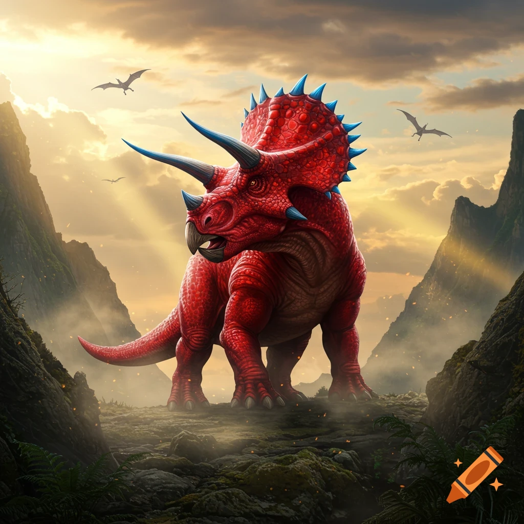 A vibrant red Triceratops-like dragon with blue spikes stands in a misty prehistoric valley under a dramatic sunset sky with pterodactyls flying.