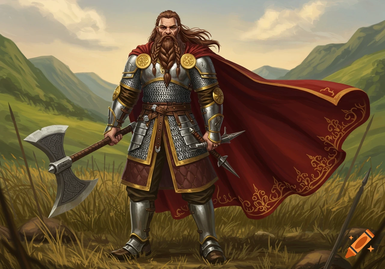 A formidable human fighter with a braided beard, clad in chain mail and a red cape, stands in a grassy valley, holding a great axe and a javelin.