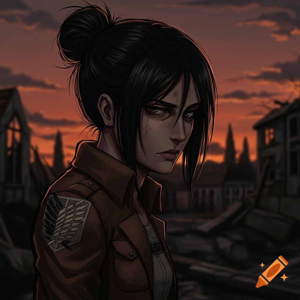 Anime art of Pieck from Attack on Titan with dark hair in a messy bun, wearing a Survey Corps jacket, gazing sternly over a ruined city at sunset.